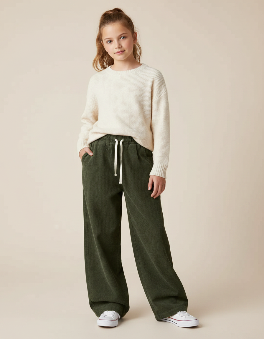 Pantalon Parachute Vert Côtelé Ample Décontracté Fluide - Kaki Cordé