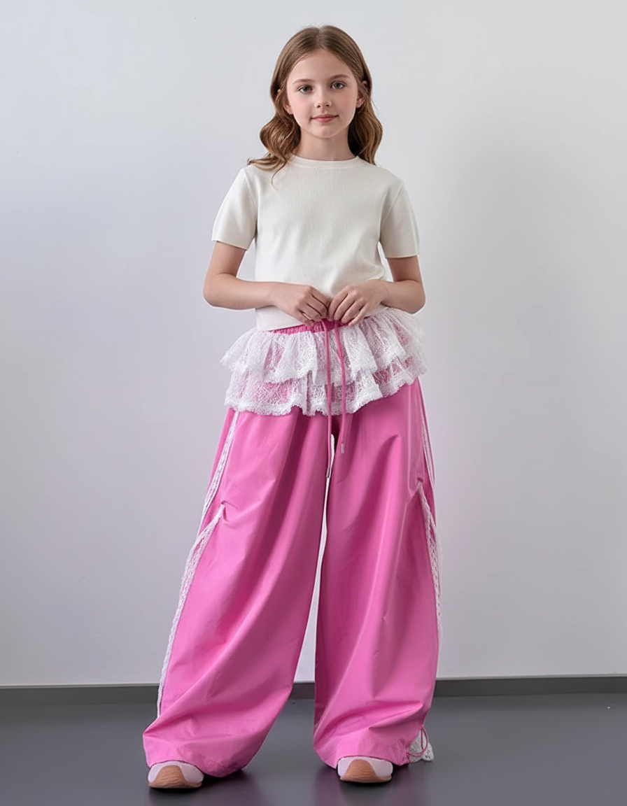Pantalon Parachute Rose Large Dentelle Enfant - Polyester