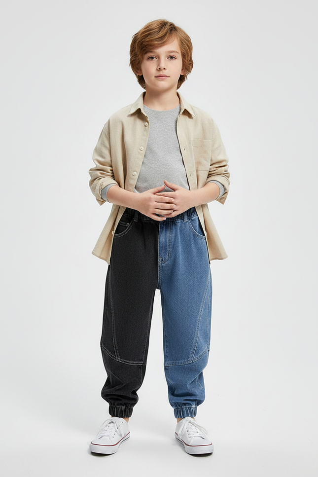 Pantalon Parachute Bicolore Denim Ample Garçon Décontracté - Multicolore Jean