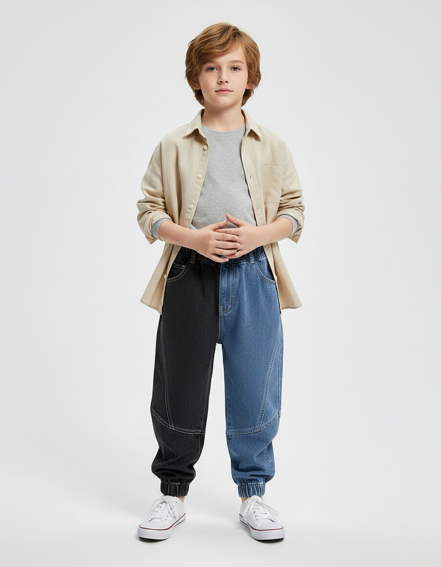 Pantalon Parachute Bicolore Denim Ample Garçon Décontracté - Multicolore Jean
