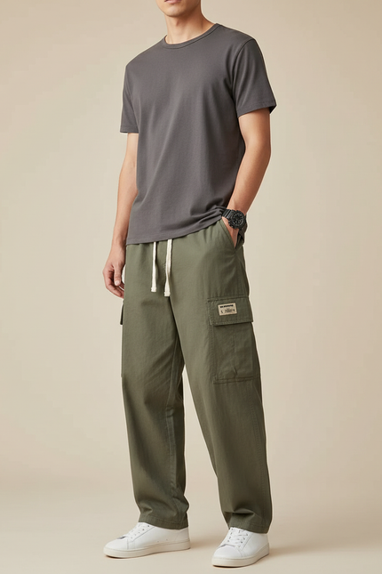 Pantalon Parachute Vert Ample Cargo Coton Homme - Kaki