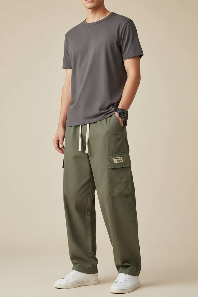 Pantalon Parachute Vert Ample Cargo Coton Homme - Kaki