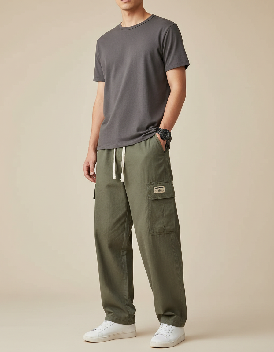 Pantalon Parachute Vert Ample Cargo Coton Homme - Kaki