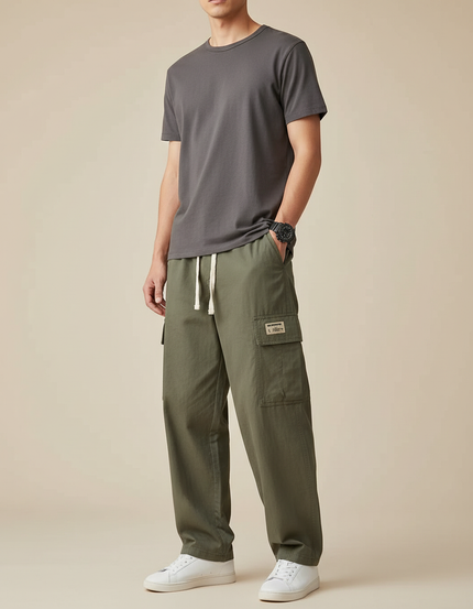 Pantalon Parachute Vert Ample Cargo Coton Homme - Kaki
