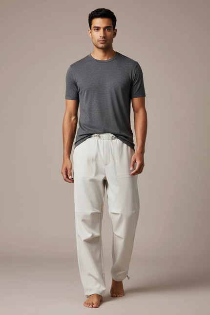 Pantalon Parachute Crème Ample Décontracté Homme Cordon - Beige Polyester