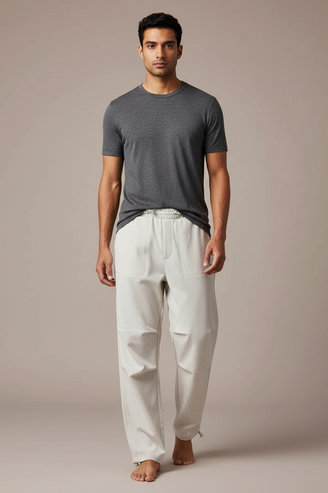 Pantalon Parachute Crème Ample Décontracté Homme Cordon - Beige Polyester