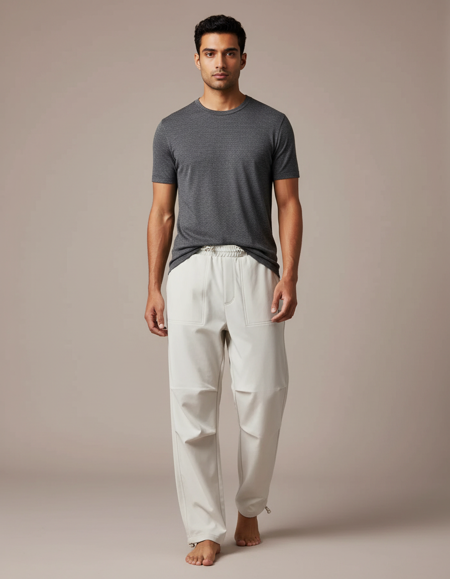 Pantalon Parachute Crème Ample Décontracté Homme Cordon - Beige Polyester