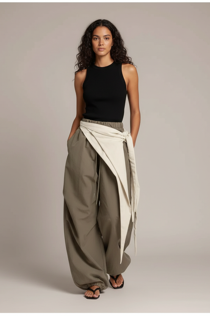 Pantalon Parachute Kaki Fluide Ample Décontracté Femme - Polyester