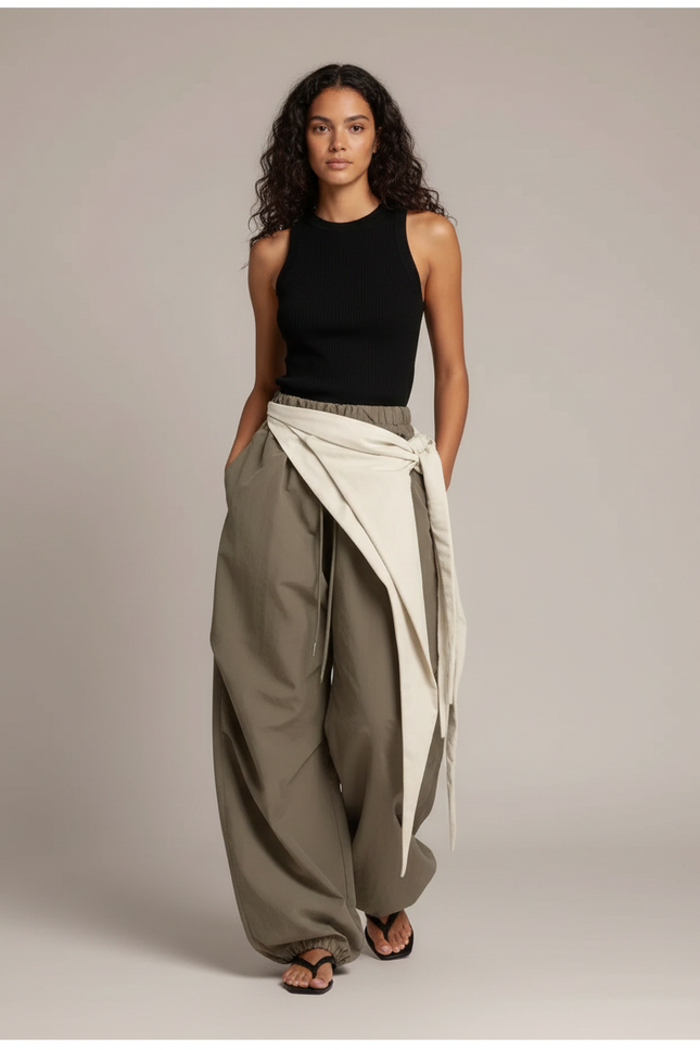 Pantalon Parachute Kaki Fluide Ample Décontracté Femme - Polyester