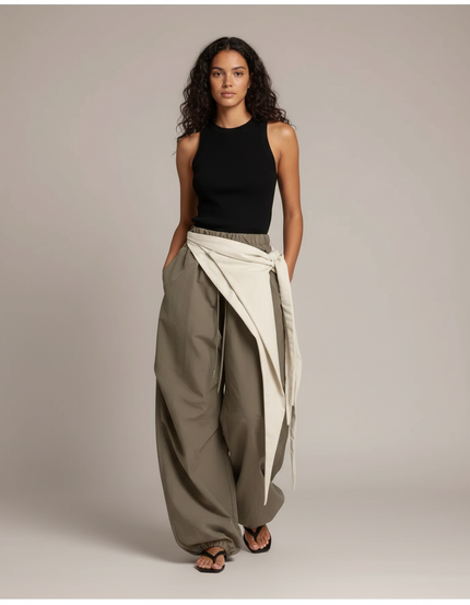 Pantalon Parachute Kaki Fluide Ample Décontracté Femme - Polyester