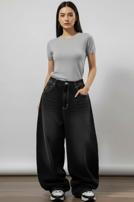 Pantalon Parachute Noir Délavé Ample Denim Y2K Femme - Jean
