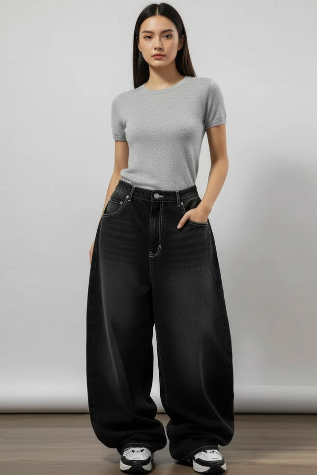 Pantalon Parachute Noir Délavé Ample Denim Y2K Femme - Jean