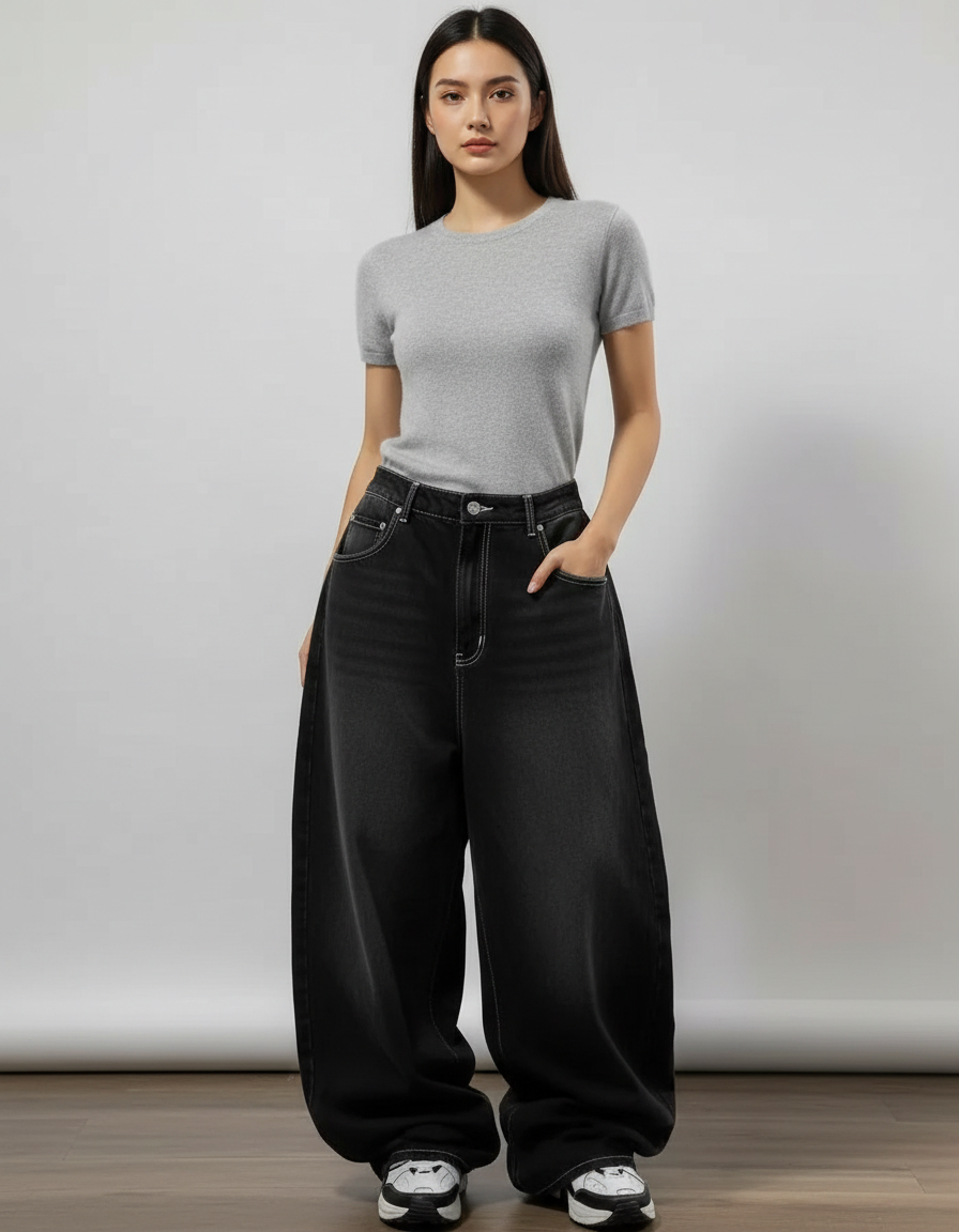 Pantalon Parachute Noir Délavé Ample Denim Y2K Femme - Jean
