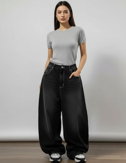 Pantalon Parachute Noir Délavé Ample Denim Y2K Femme - Jean