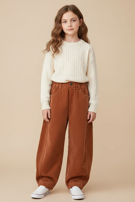 Pantalon Parachute Côtelé Ample Marron Enfant Décontracté - Cordé