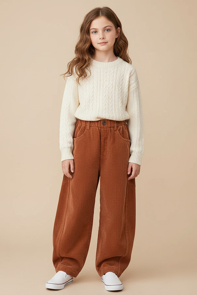 Pantalon Parachute Côtelé Ample Marron Enfant Décontracté - Cordé
