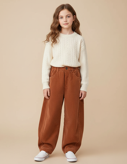 Pantalon Parachute Côtelé Ample Marron Enfant Décontracté - Cordé