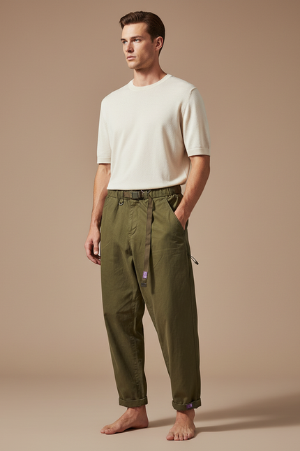Pantalon Parachute Homme Kaki Large Toile - Coton
