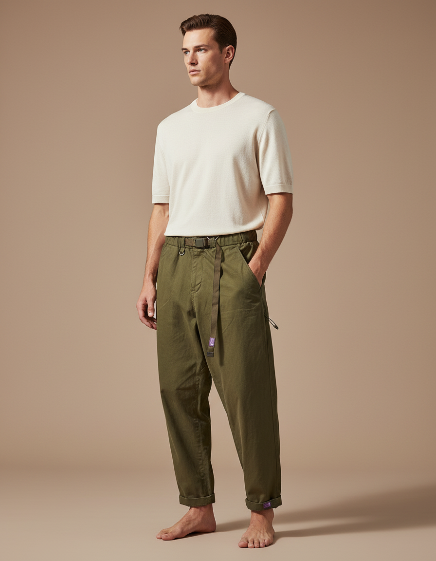 Pantalon Parachute Homme Kaki Large Toile - Coton