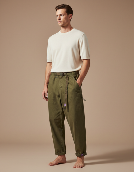 Pantalon Parachute Homme Kaki Large Toile - Coton