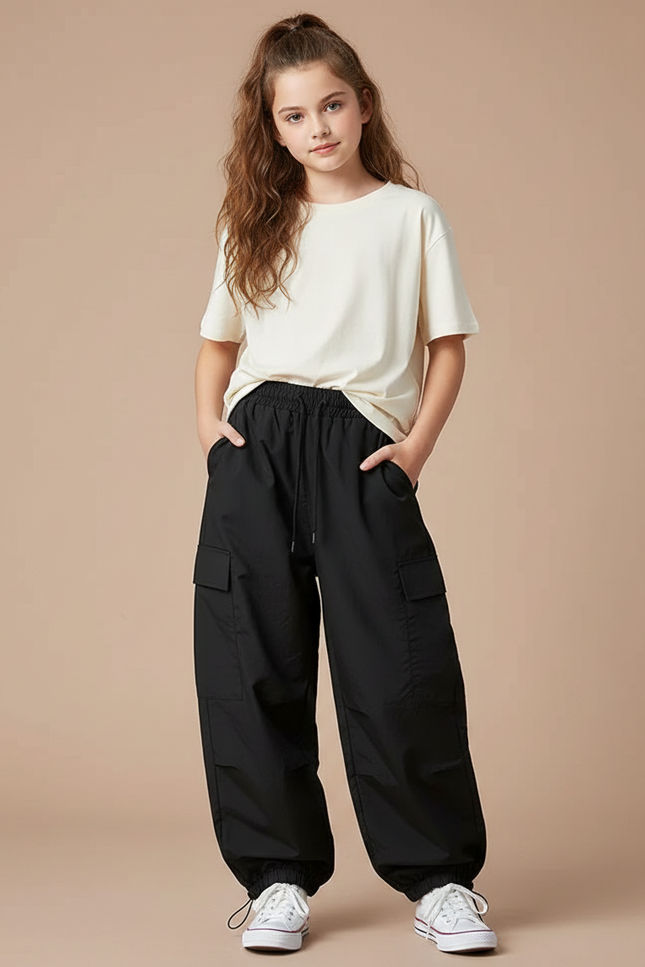 Pantalon Parachute Noir Cargo Ample Chevilles Élastiquées - Polyester