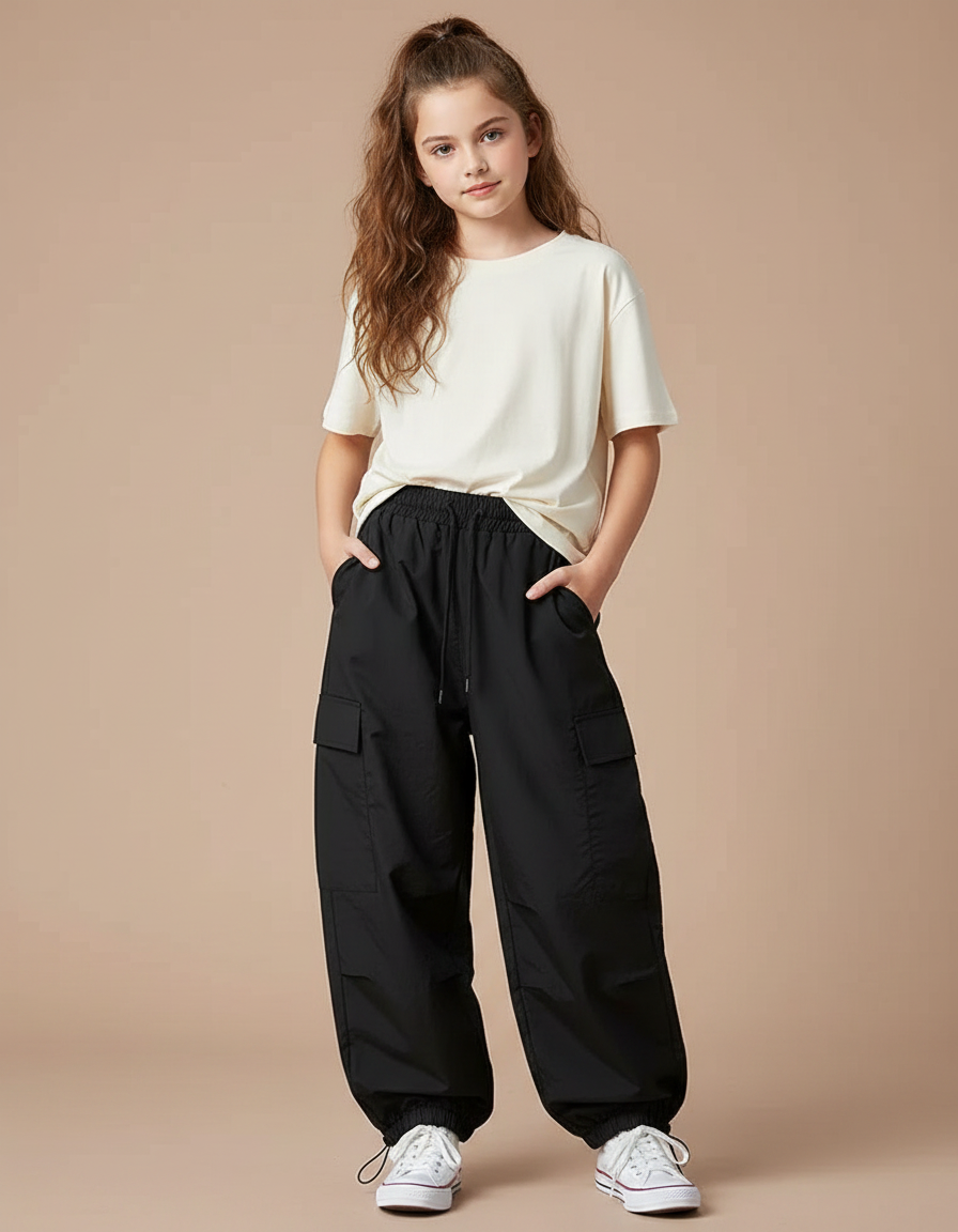 Pantalon Parachute Noir Cargo Ample Chevilles Élastiquées - Polyester