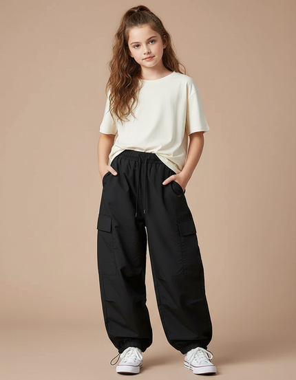 Pantalon Parachute Noir Cargo Ample Chevilles Élastiquées - Polyester