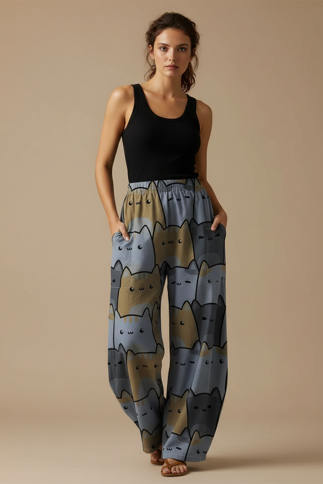 Pantalon Parachute Chats Imprimés Ample Décontracté Fluide Poches - Viscose