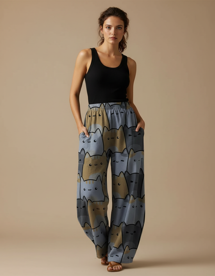 Pantalon Parachute Chats Imprimés Ample Décontracté Fluide Poches - Viscose