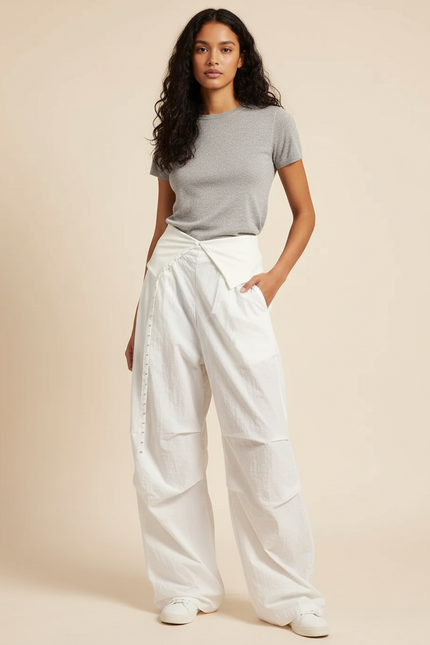 Pantalon Parachute Blanc Ample Taille Basse Femme - Polyester