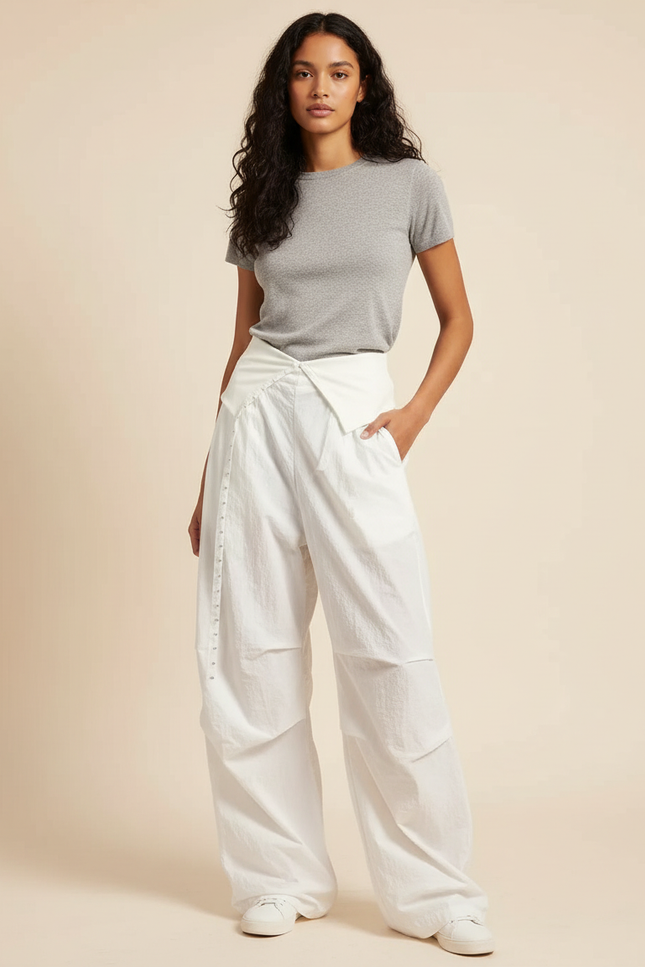Pantalon Parachute Blanc Ample Taille Basse Femme - Polyester