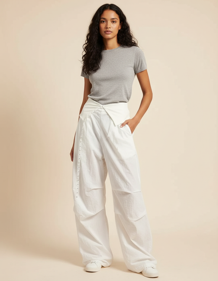 Pantalon Parachute Blanc Ample Taille Basse Femme - Polyester