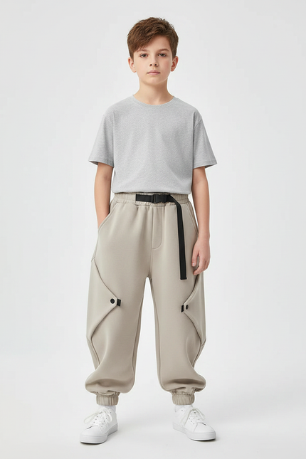 Pantalon Parachute Enfant Beige Ample Cargo Décontracté - Molleton