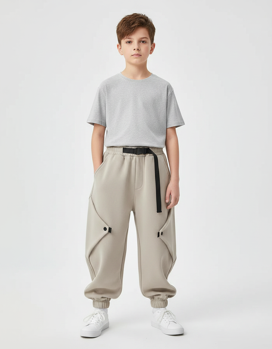 Pantalon Parachute Enfant Beige Ample Cargo Décontracté - Molleton