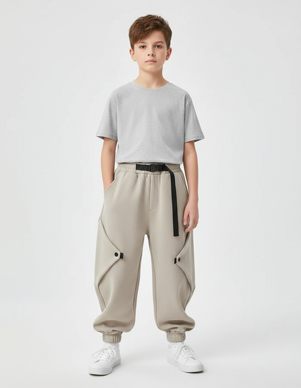 Pantalon Parachute Enfant Beige Ample Cargo Décontracté - Molleton