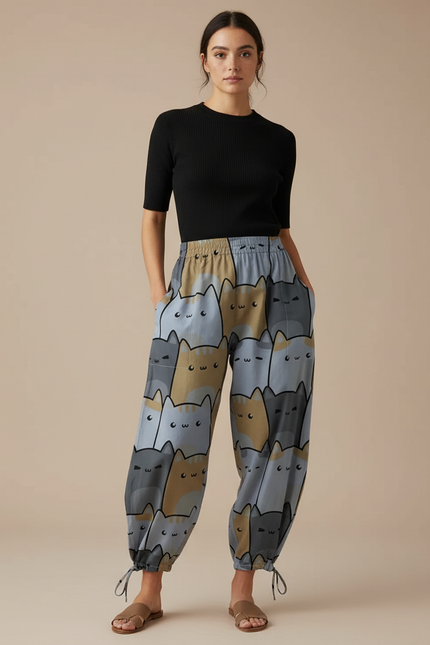 Pantalon Parachute Fluide Imprimé Chats Taille Élastique - Viscose