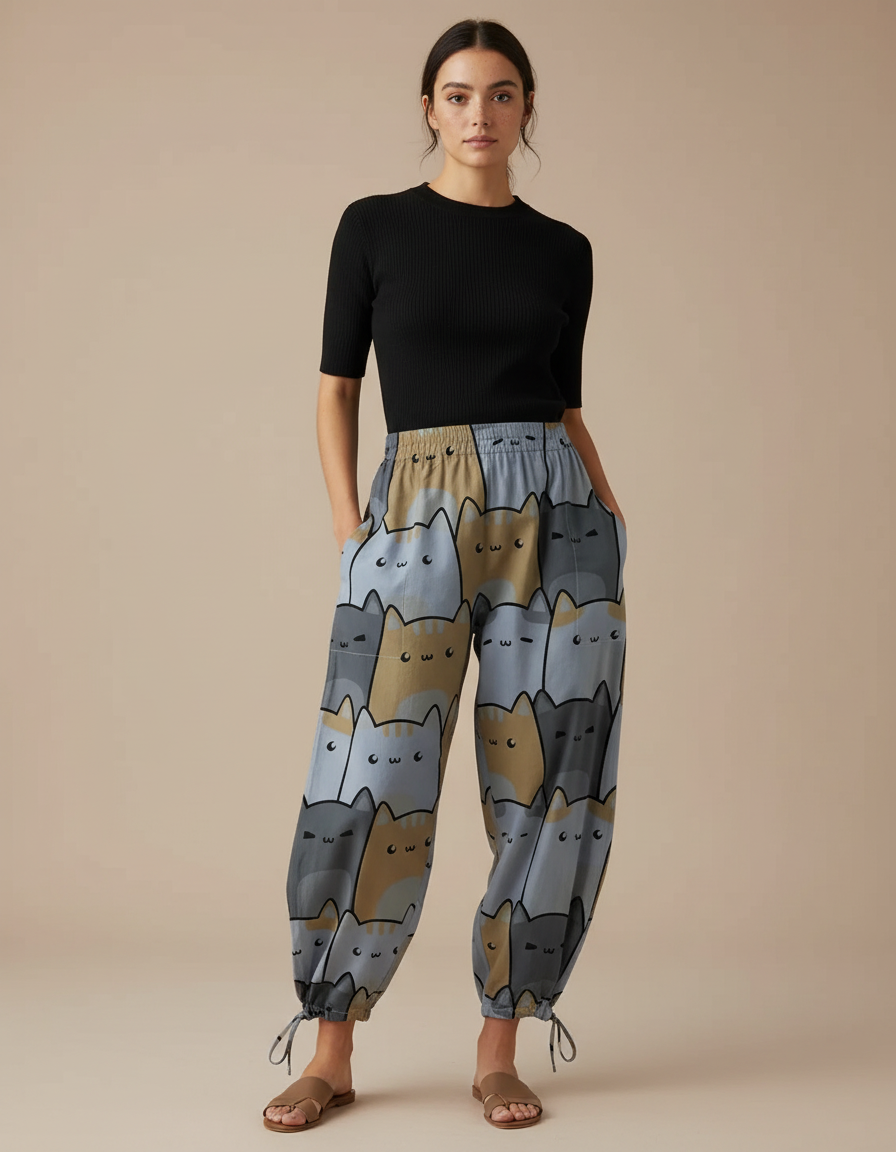 Pantalon Parachute Fluide Imprimé Chats Taille Élastique - Viscose