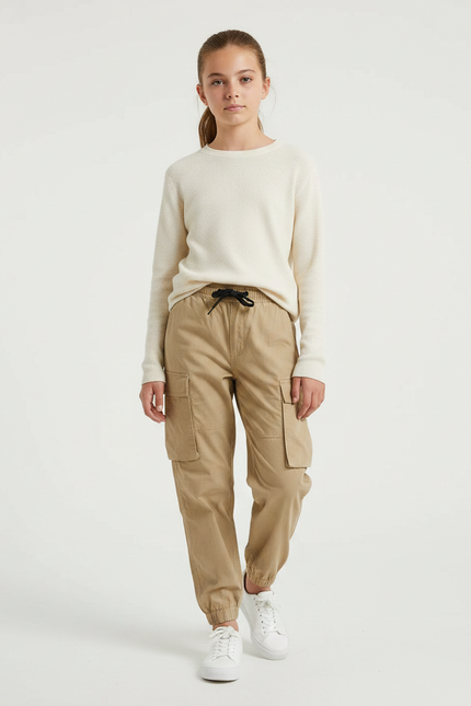Pantalon Parachute Fille Beige Cargo - Toile