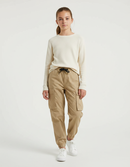 Pantalon Parachute Fille Beige Cargo - Toile