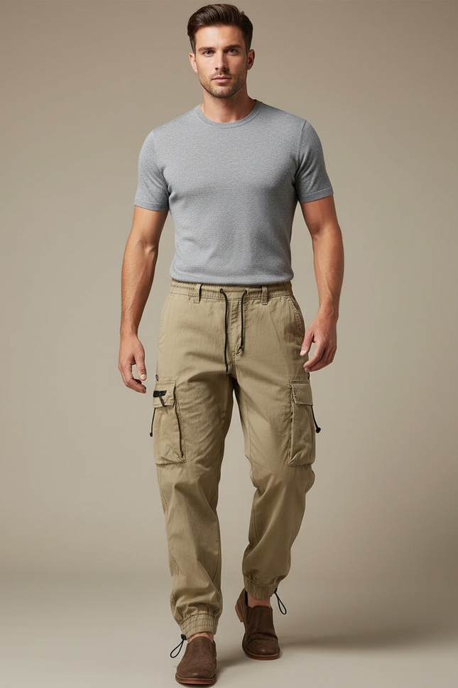 Pantalon Parachute Kaki Cargo Cordon Jogger Casual Homme - Gabardine