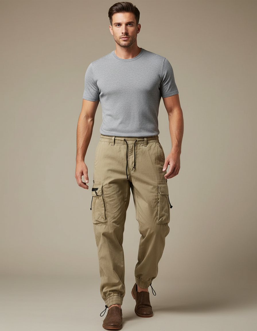 Pantalon Parachute Kaki Cargo Cordon Jogger Casual Homme - Gabardine