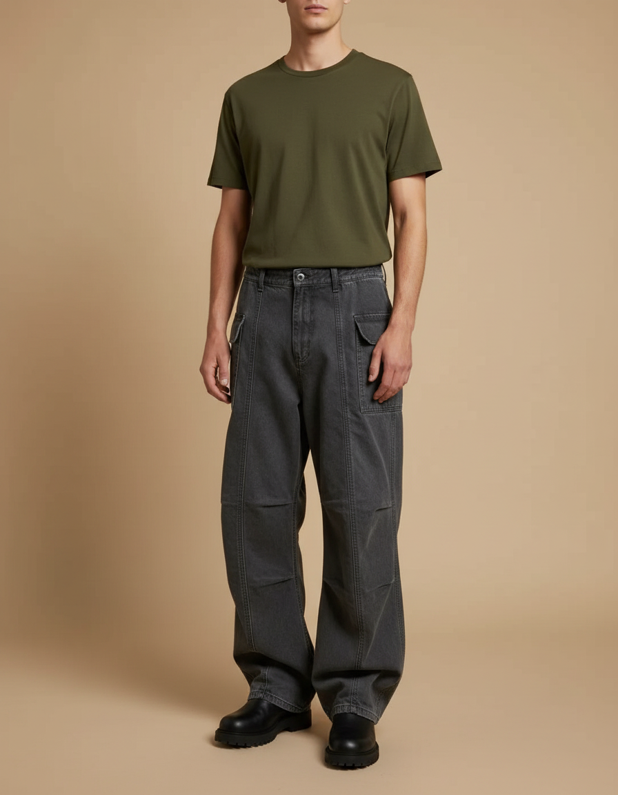 Pantalon Parachute Gris Ample Plissé Décontracté Homme - Jean