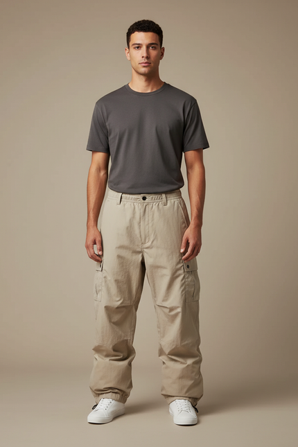 Pantalon Parachute Homme Beige Baggy Nylon - Toile