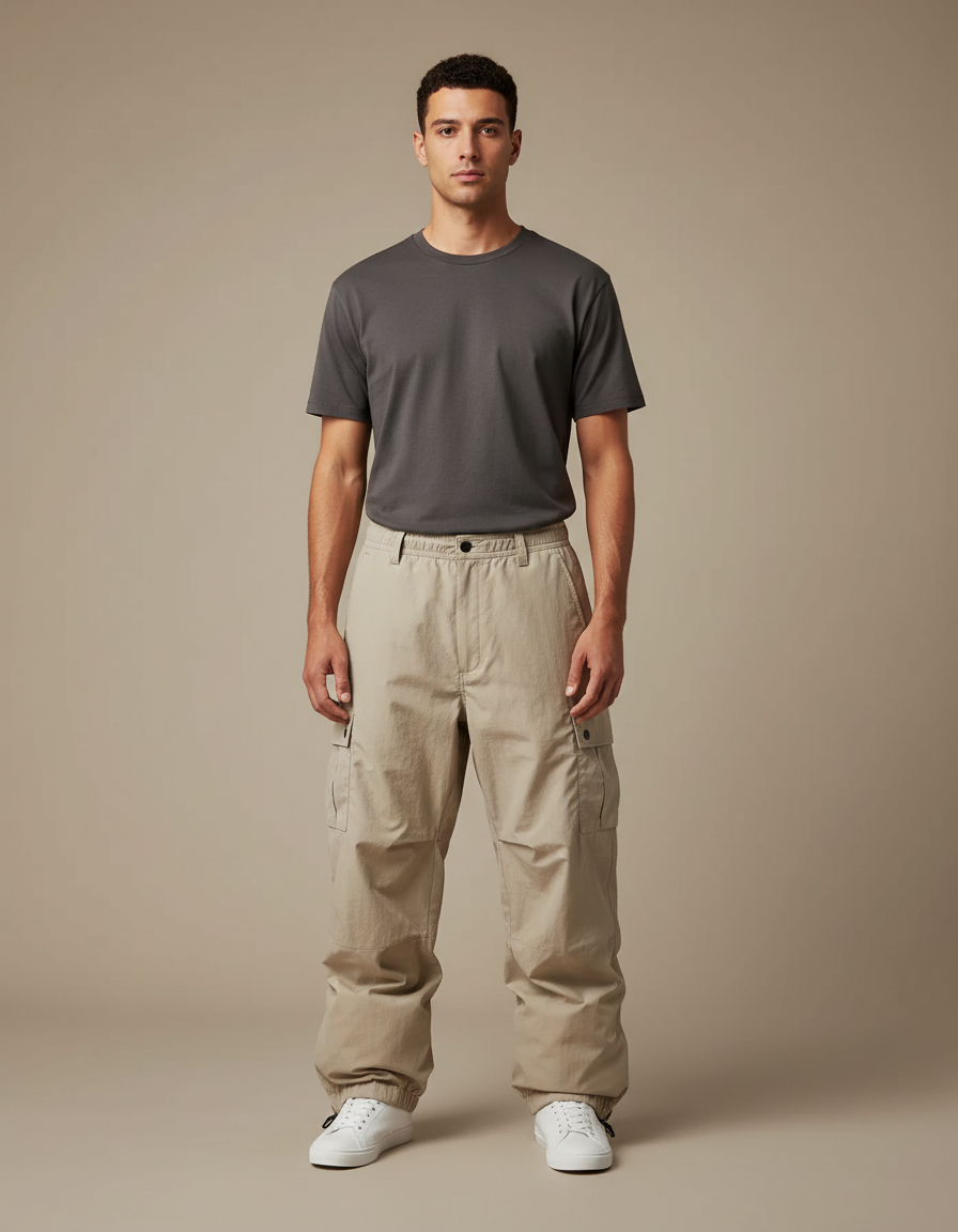 Pantalon Parachute Homme Beige Baggy Nylon - Toile