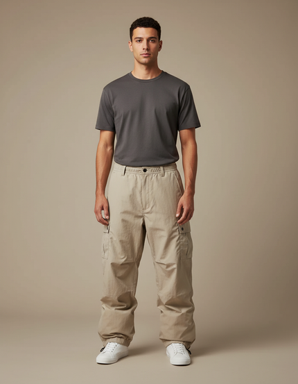 Pantalon Parachute Homme Beige Baggy Nylon - Toile