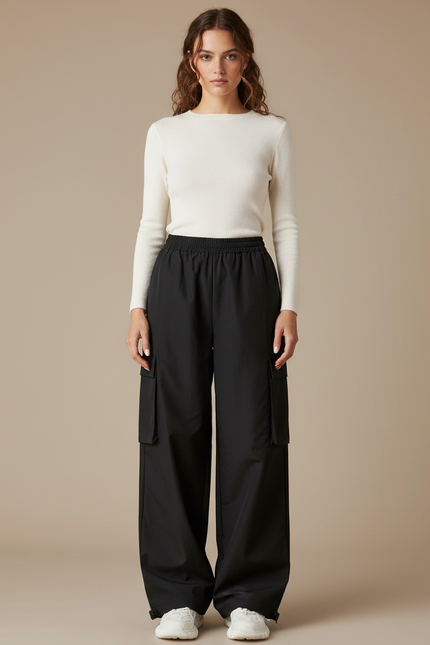 Pantalon Parachute Noir Cargo Ample Poches Femme - Polyester