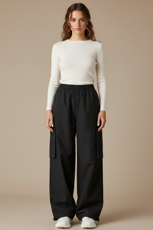 Pantalon Parachute Noir Cargo Ample Poches Femme - Polyester