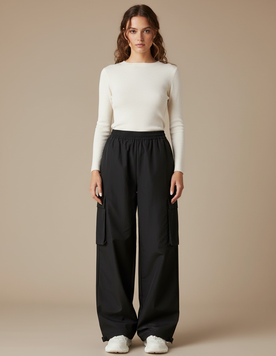 Pantalon Parachute Noir Cargo Ample Poches Femme - Polyester
