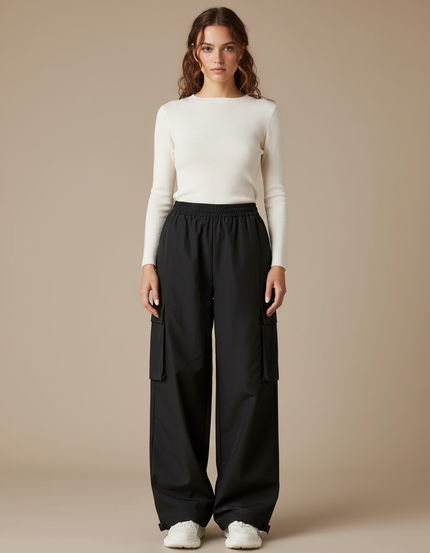 Pantalon Parachute Noir Cargo Ample Poches Femme - Polyester