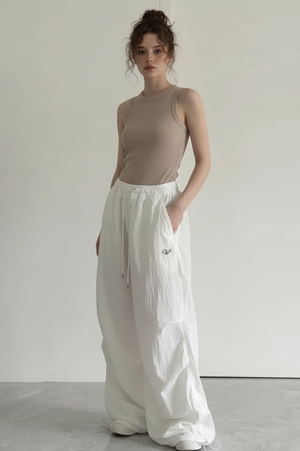 Pantalon Parachute Blanc Ample Cargo Fluide Décontracté - Polyester